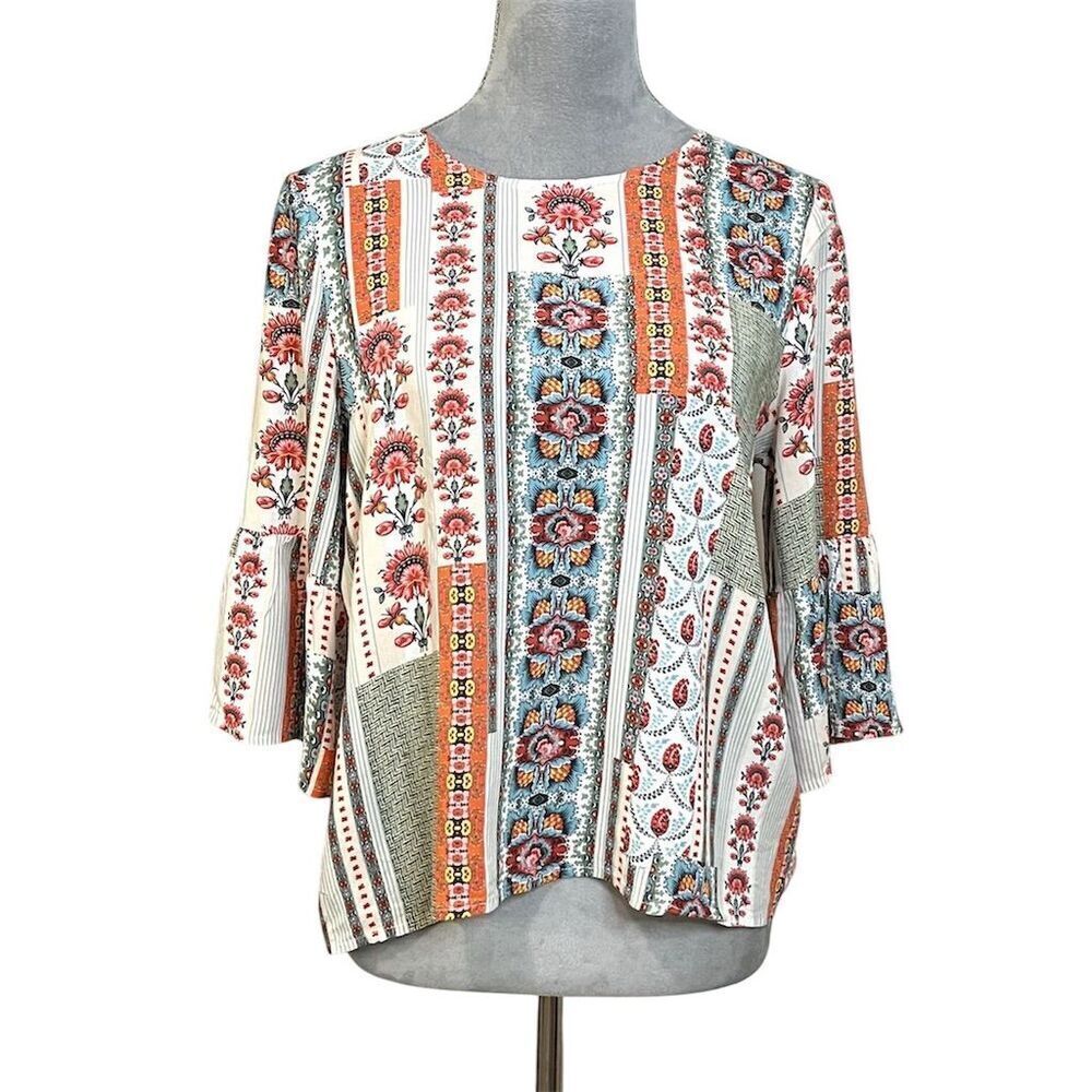 Sundance Women's Floral Patchwork Bell Sleeve S Boho Blouse Peasant Hippie